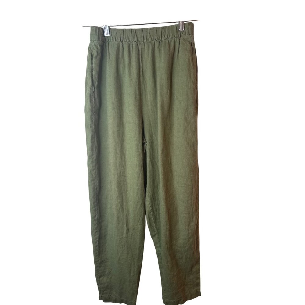 ZARA Womens Small Olive Green Linen Pants Elastic Waist Relaxed Fit